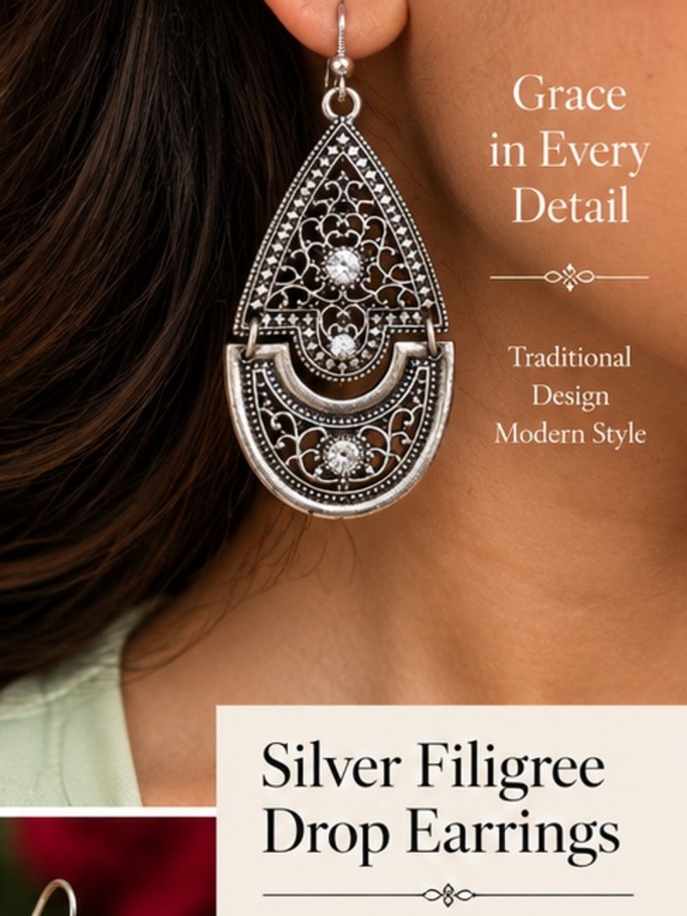 Oxidized Silver Filigree Tear Drop Earrings | Indian Festival Jewelry